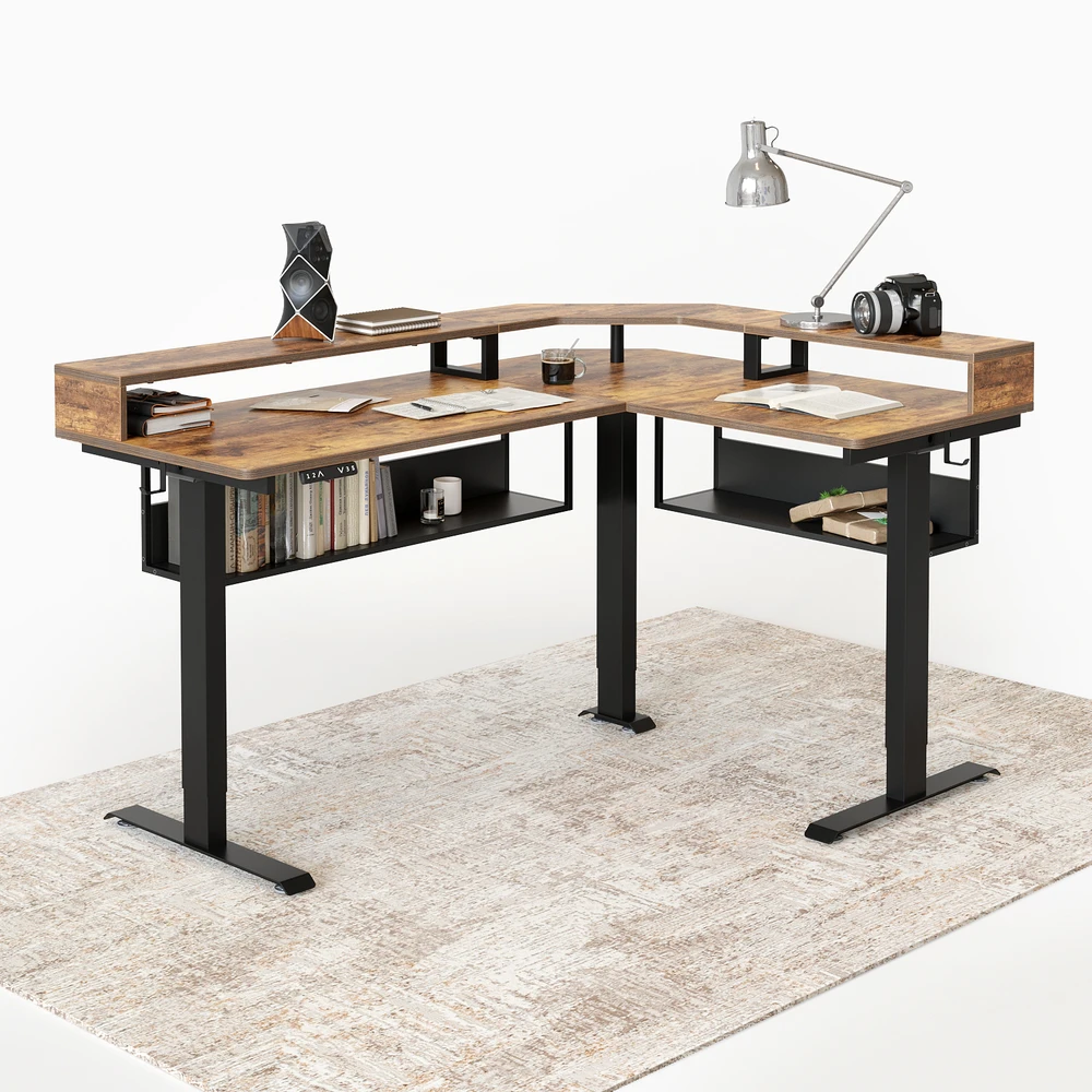 Triple Motor L-shaped Standing Desk with Multi-Shelf-