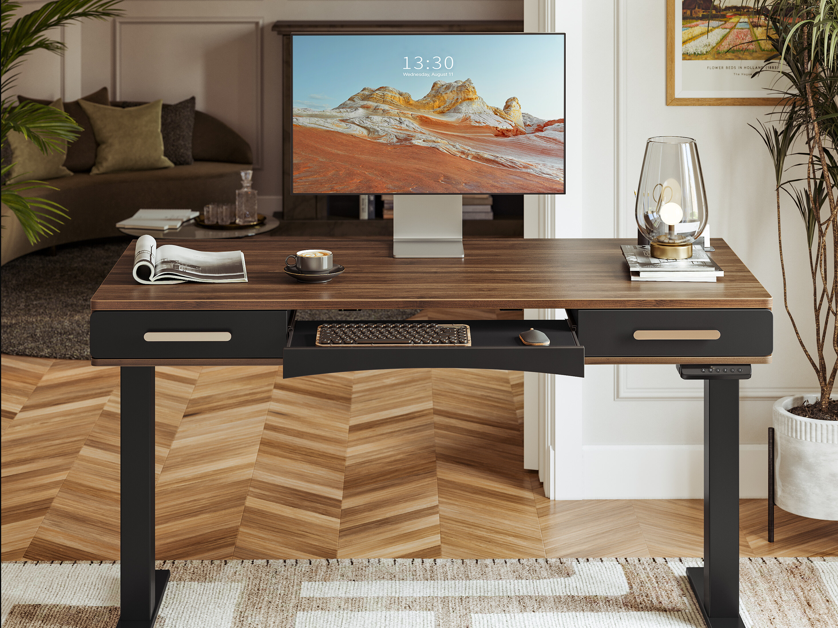 mid century modern desk with keyboard tray