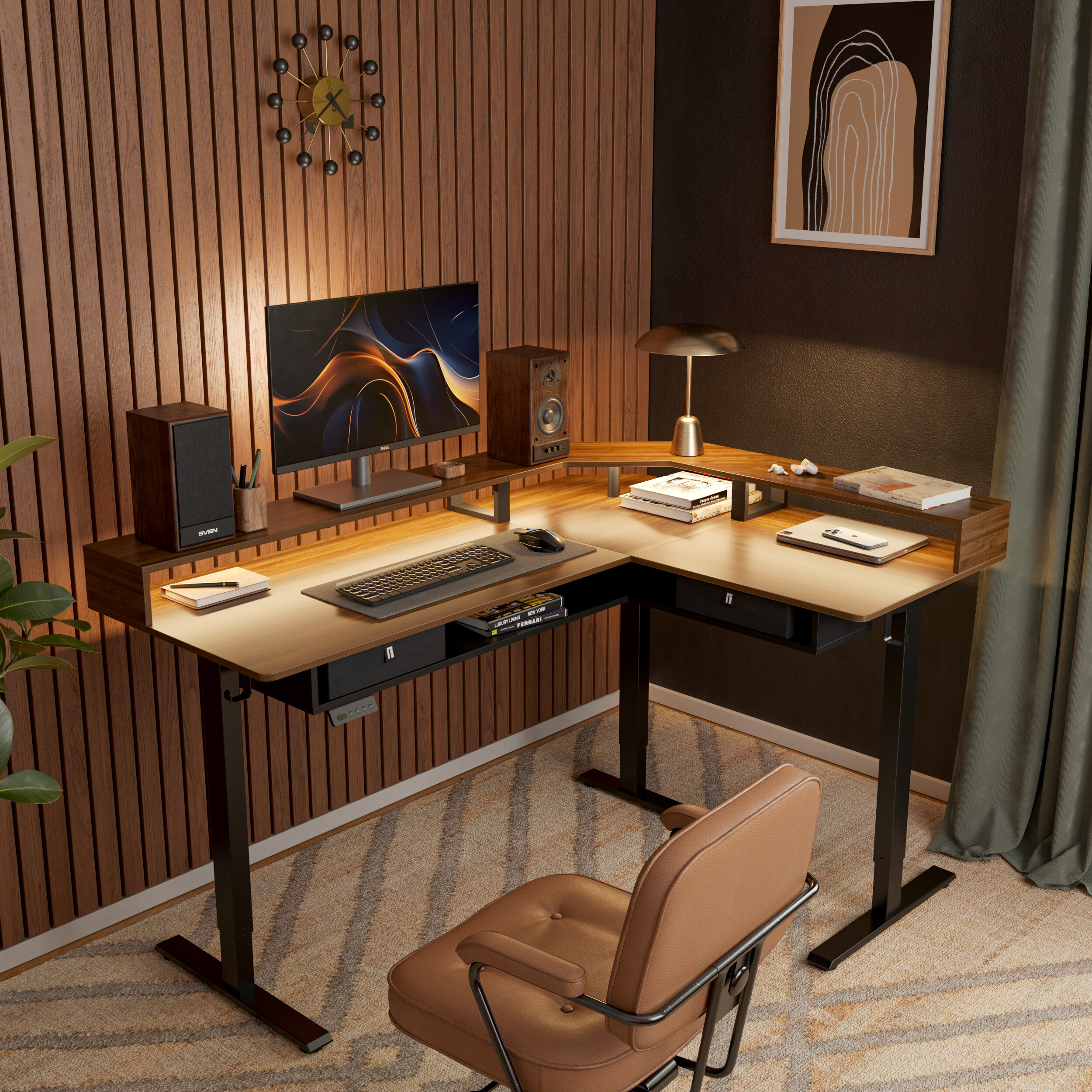 FEZiBO Triple Motor L-Shaped Standing Desk with LED Strip & Outlets