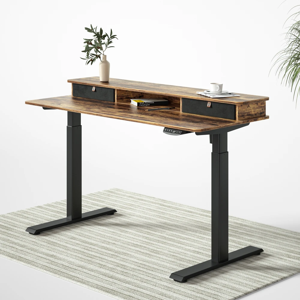 Brasa Electric Standing Desk with Upper Double Drawer
