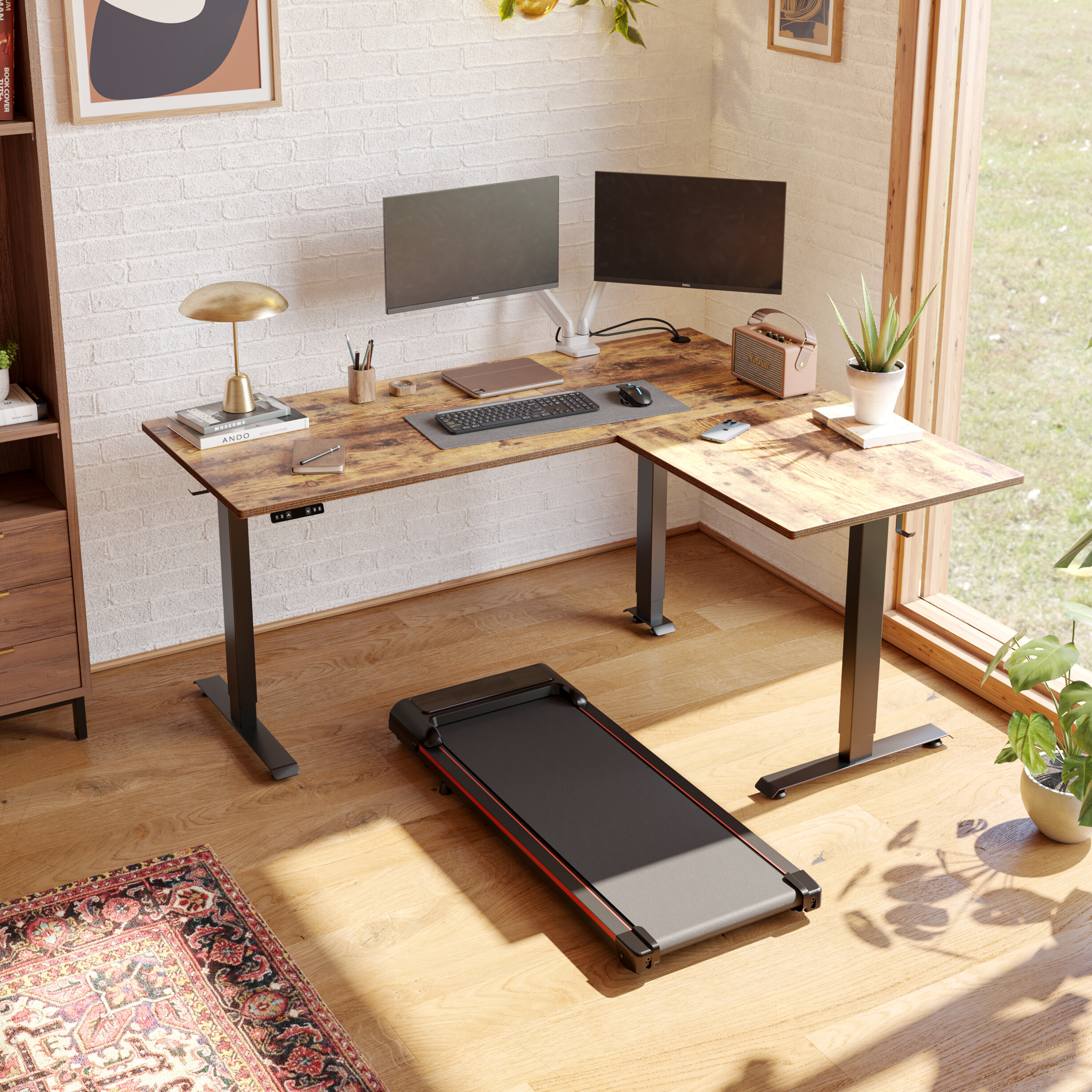 FEZiBO Triple Motor L-Shaped Standing Desk With LED Strip & Outlets