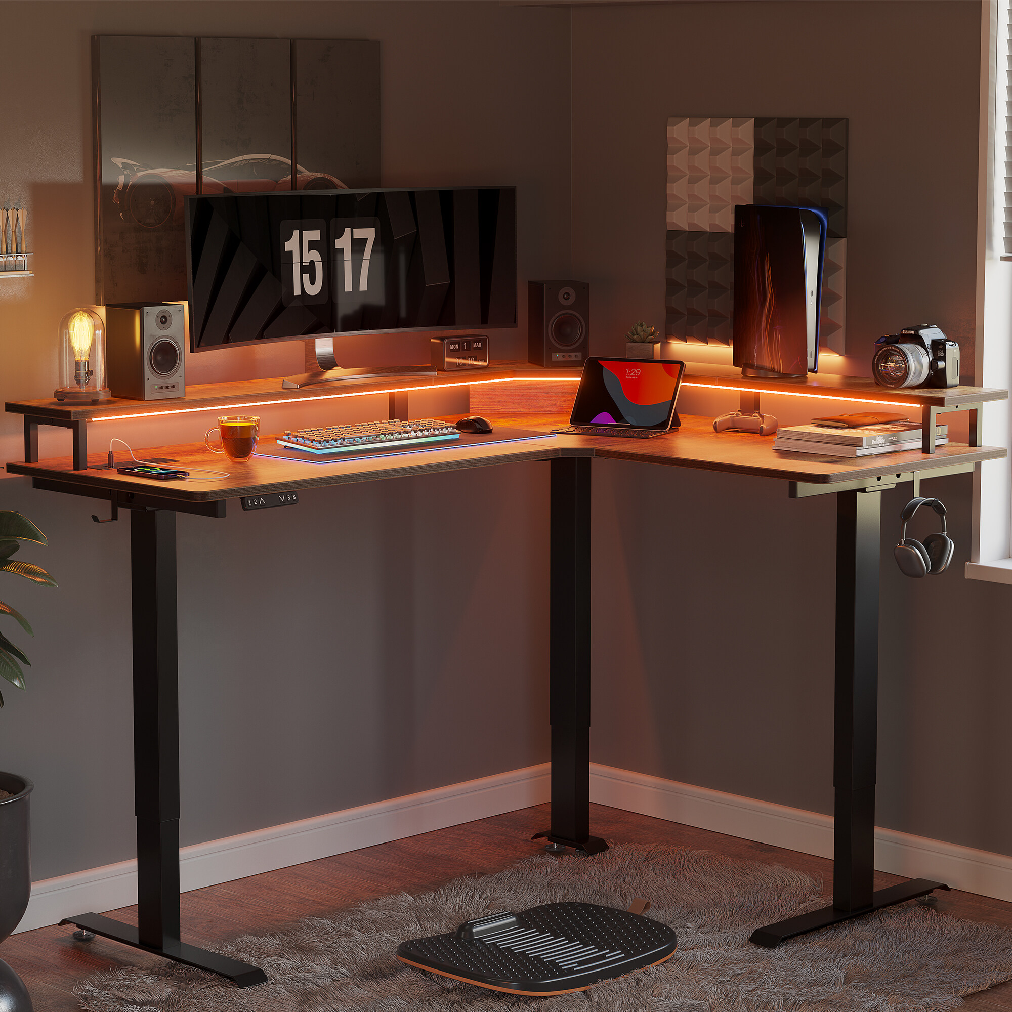 FEZiBO Triple Motor L-Shaped Standing Desk with LED Strip & Outlets