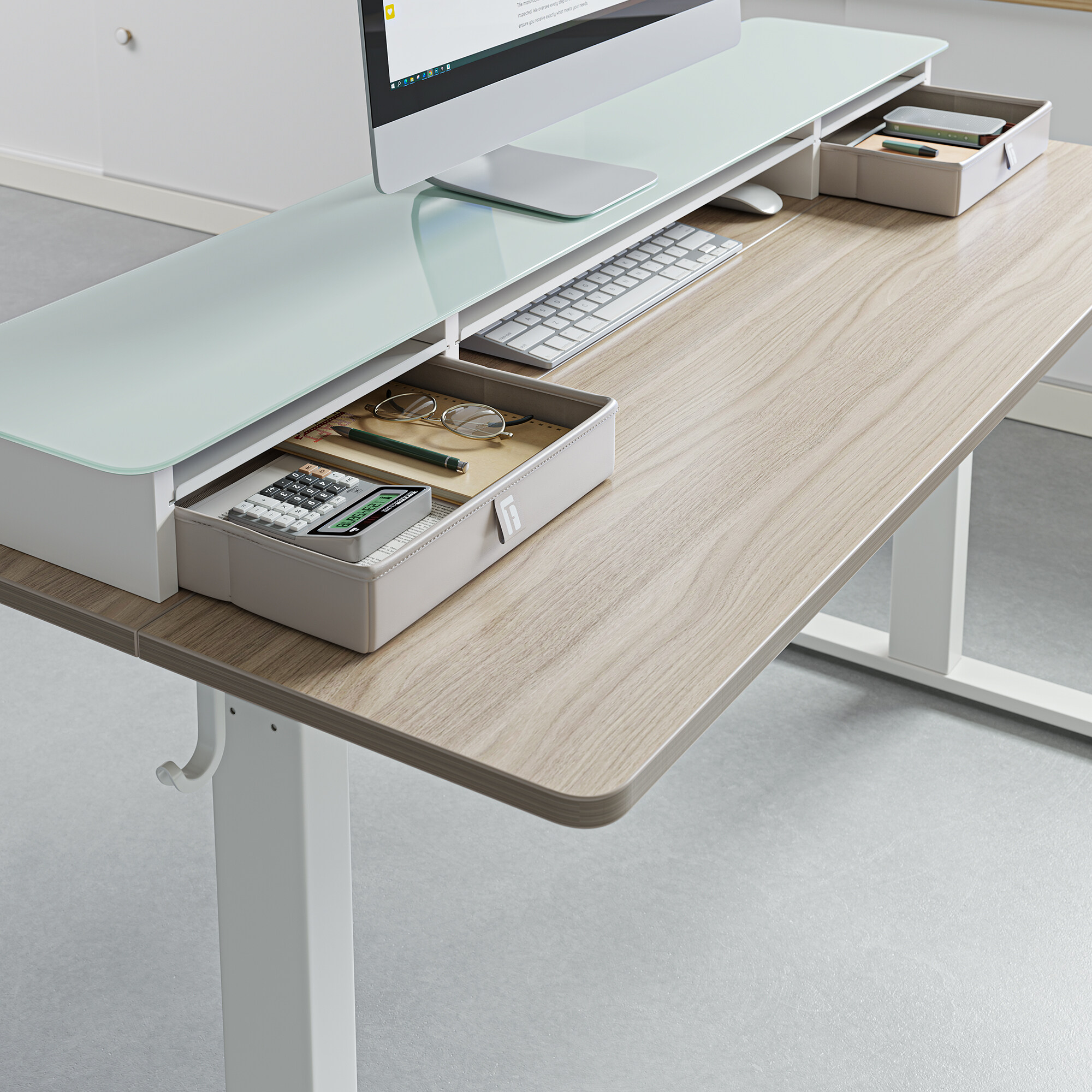 FEZiBO Electric Standing Desk With Glass Top Double Drawers