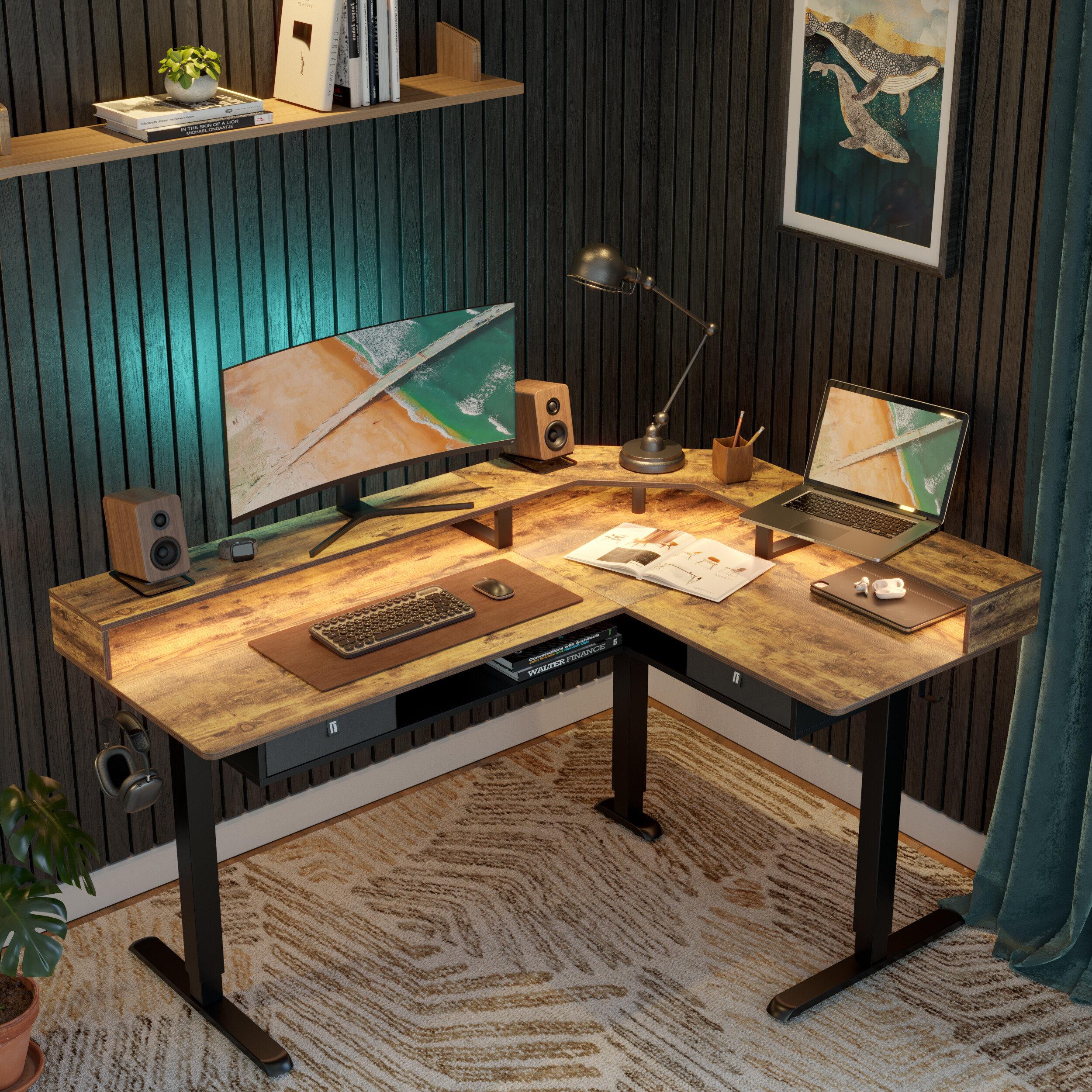 FEZiBO Triple Motor L-Shaped Standing Desk with LED Strip & Outlets