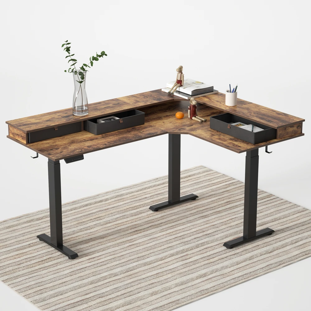 Triple Motor L-shaped Standing Desk - Upper Drawers V2