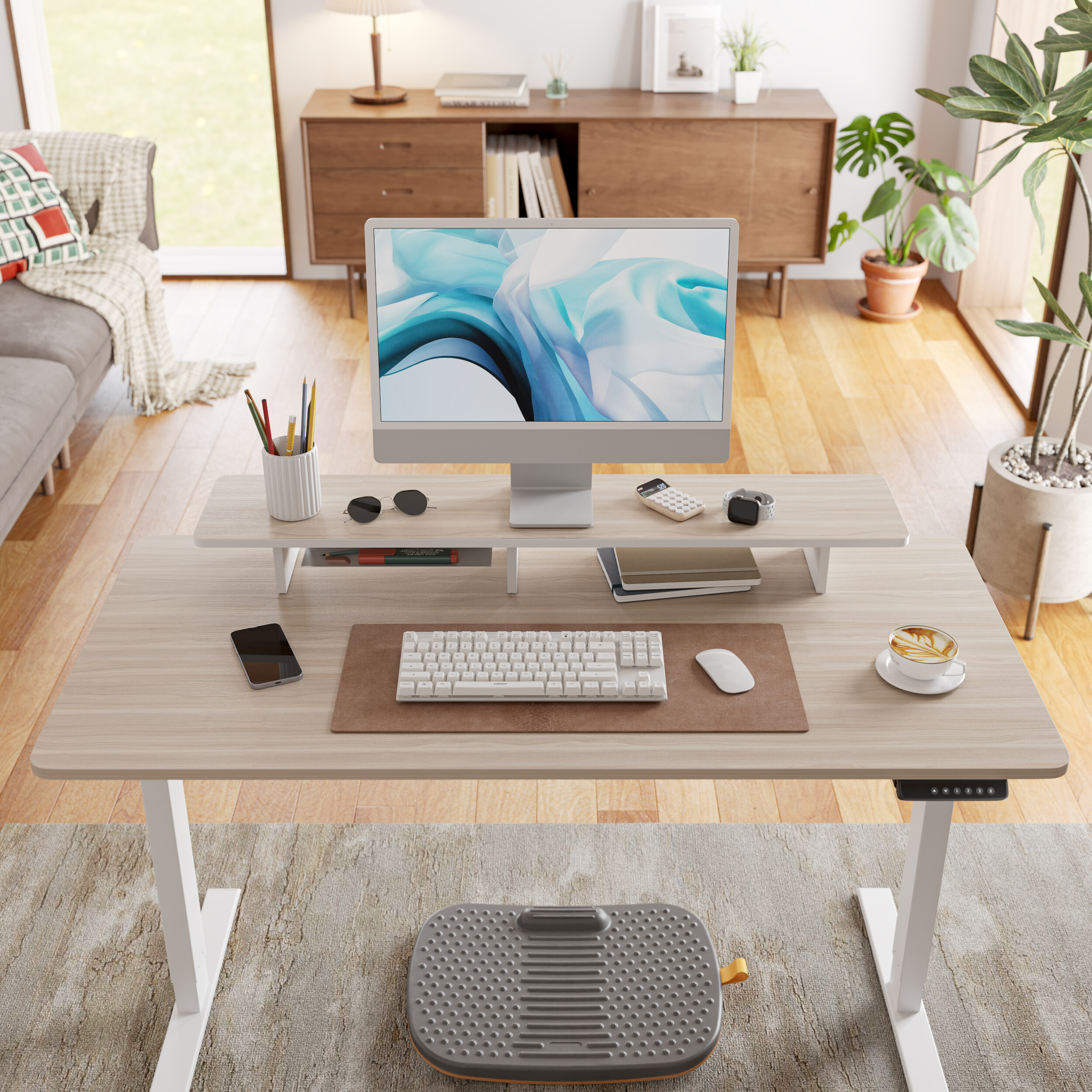 Bureau Assis-debout électrique FEZIBO – 140x70 Cm, Réglable 72-118 Cm, Ports USB, Bois FSC, Blanc - 3