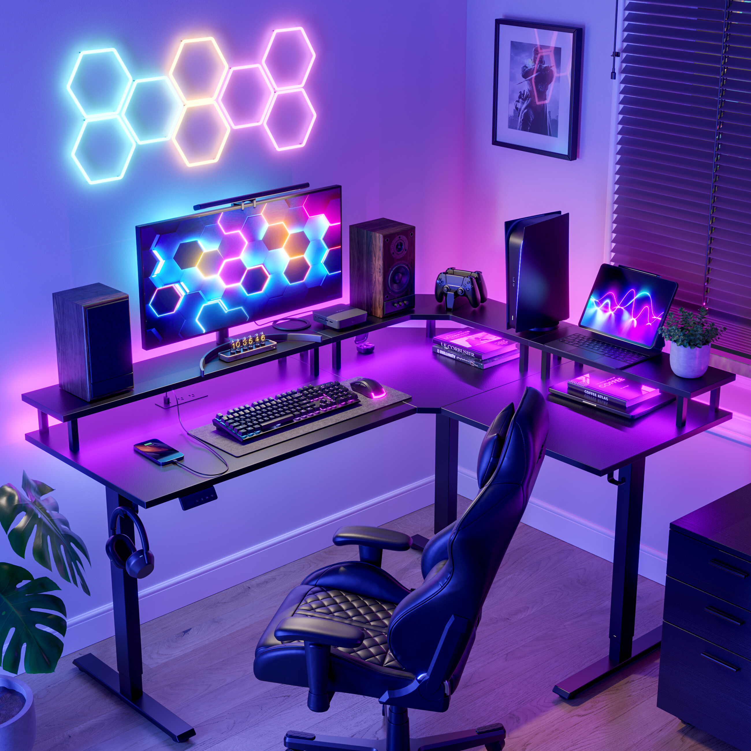 FEZiBO Triple Motor L-Shaped Standing Desk with LED Strip & Outlets