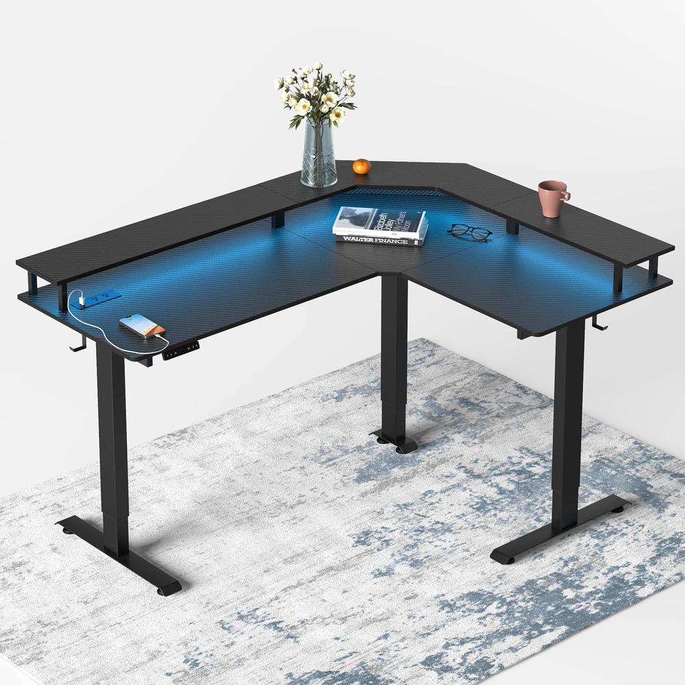 Triple Motor L-Shaped Standing Desk with Ambient Light & Outlets