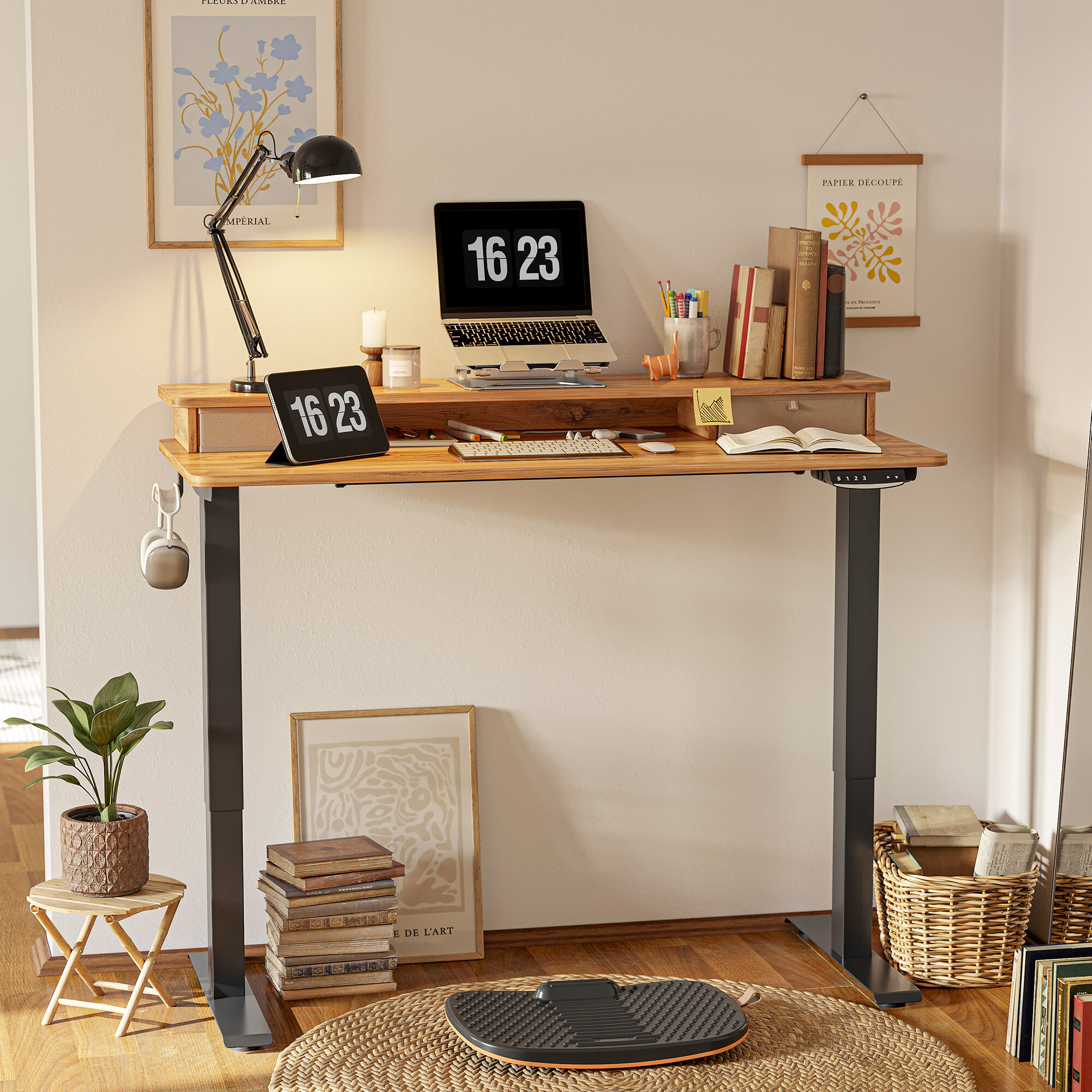 standing desk with upper double drawers